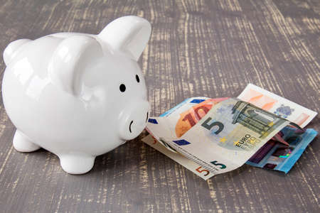 Piggy bank and euro currency on wooden background. Financial success idea conceptの写真素材