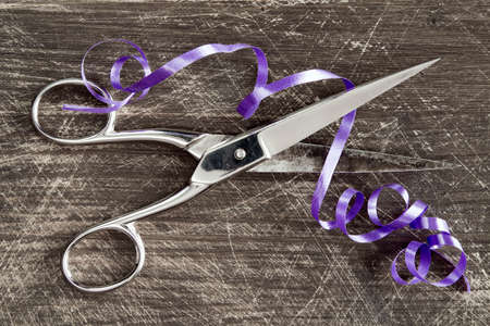 Iron scissors in the process of cutting the purple ribbonの写真素材