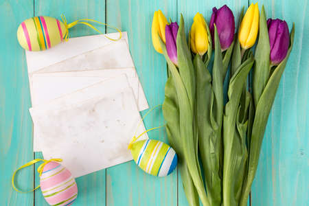 Easter decoration and blank card for holiday greetingsの写真素材