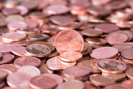 Close up shot of a heap of euro cent coins of different denominationsの写真素材
