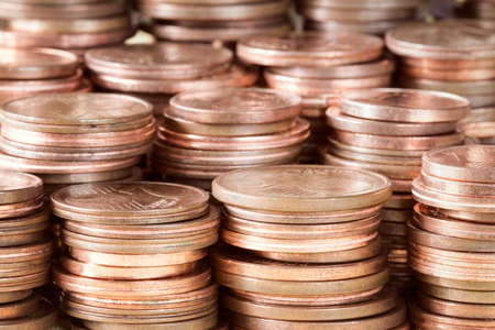 Close up of the copper coins stacksの写真素材
