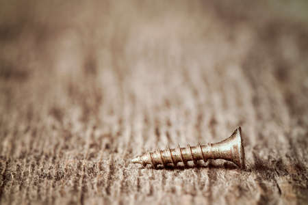 Macro shot of one screw on a wooden backgroundの写真素材