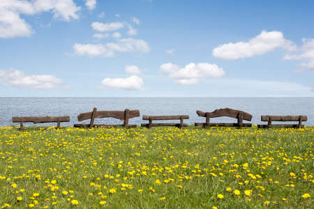 Five wooden benches at the sea shore,ideal place for restingの写真素材