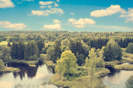 View from above on the lake and forest under blue skyの写真素材