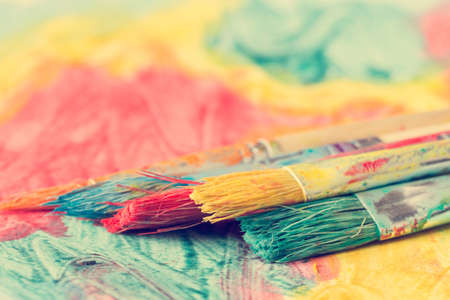 Dirty watercolor brushes close-up viewの写真素材
