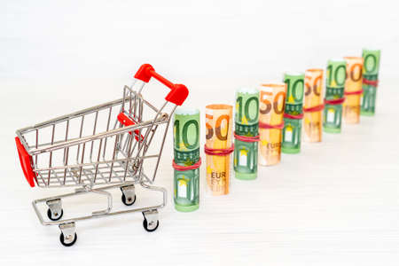 Shopping cart and Euro banknote rolls in one row.