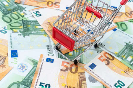 Shopping cart on euro banknotes  -  purchase conceptの写真素材