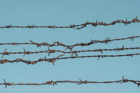 Barbed wire fencing against a blue sky background. Filtered image.の写真素材