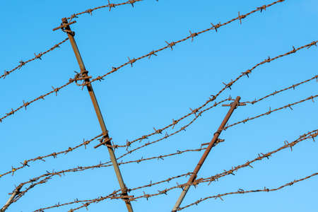 Barbed wire fencing against a blue sky backgroundの写真素材