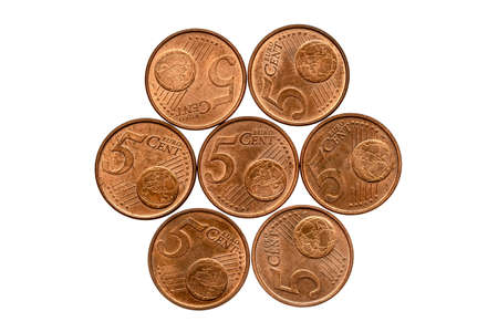European coins in five cents isolated on white background
