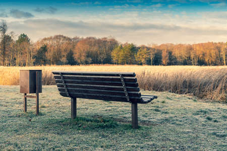 Wooden bench for rest and a garbage bin for waste in a parkの写真素材