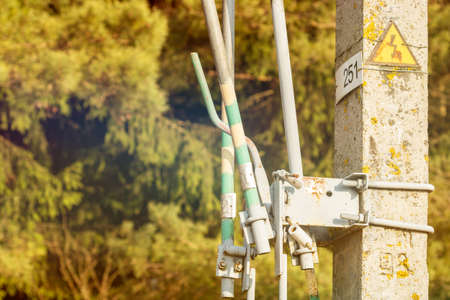 Switch lever on-off transformer on the pole.The transformer is locked with master keyの写真素材