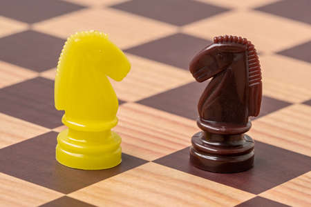 Shot of a chess board with brown and yellow horse