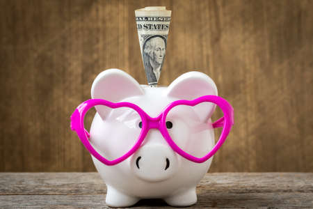 One dollar banknote in a piggy bank wearing a pink glassesの写真素材