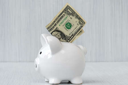 One dollar being inserted into piggy bank. Saving USD for the futureの写真素材