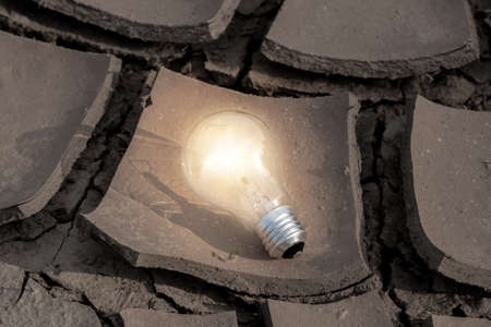 Light bulb glowing in the desert. Concept power solar energy in natureの写真素材