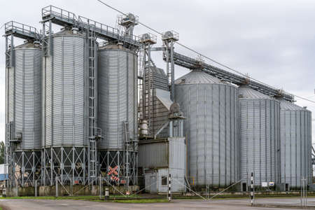  Modern storage technology agro-industry. Silos of grain elevator. Metal bins for grain storage.