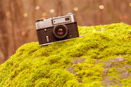 Retro photo camera on the mossy stone with blurry forest background