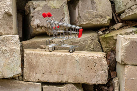 Shopping cart on the pile of old bricks. Concept for renovation expenses.の写真素材