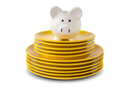 Savings consumer concept. Piggy bank on the stack of dinner plates