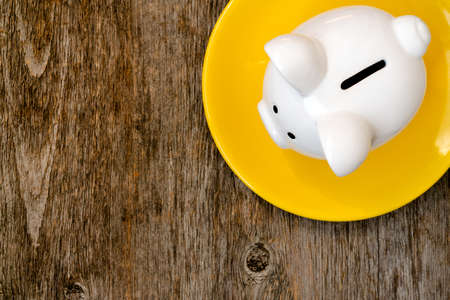 A pink piggy bank on dish. Savings consumer concept. Financial concept.の写真素材