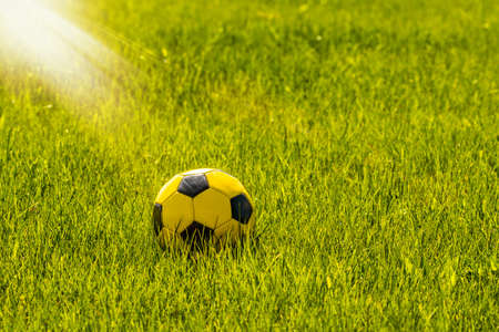 Yellow soccer ball or football in stadium with sunlightの写真素材