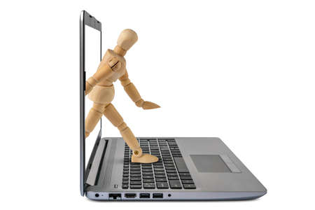 Man steping out of laptop computer screen. Concept for internet security.