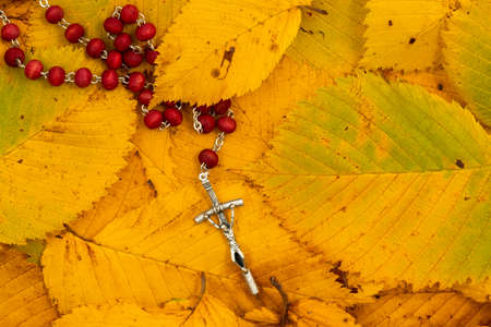 Silver crucifix under fallen leaves, religion concept