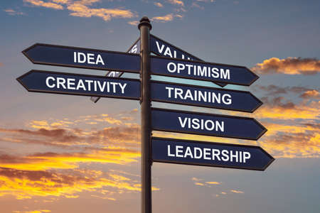 Signpost with motivational words on the evening sky backgroundの写真素材