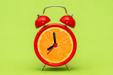 Creative alarm clock with orange fruit on color backgroundの写真素材