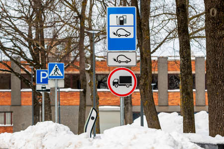 Parking for electric cars , winter urban sceneの写真素材