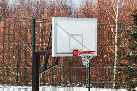 Outdoor basketball hoop with net, covered by hoarfrost