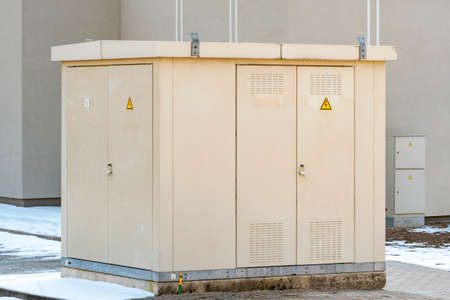 Outdoor electric control box in the city. Outdoor High voltage electrical boxes.