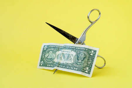 Cutting one dollar with scissors on yellow background. Concept on the topic of devaluation of money.の写真素材
