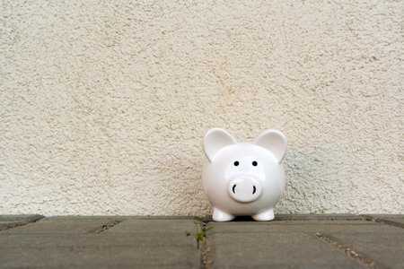 Piggy bank on the pavement against white wall. Copy space.の写真素材