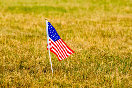 Small American flag on grass lawn. Memorial day US flags. Labor day concept. Happy Independence Day.の写真素材