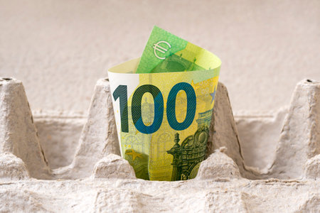 One hundred Euro bill in an egg cardboard box. Conceptual image.の写真素材