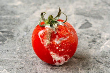 Rotten tomato. Mold on vegetables. Rotten product. Spoiled food.  Tomato with mold on the stone background. Mold fungus.の写真素材