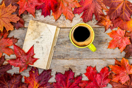 Hot coffee, vintage book and red autumn leavesの写真素材