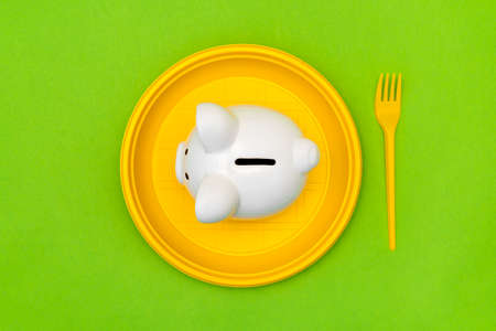 Savings consumer concept. Piggy bank on the yellow disposable plate with a fork.