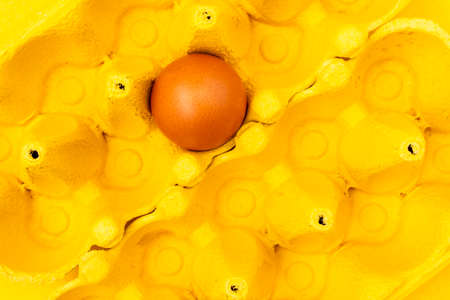Single brown egg in yellow cardboard egg box. Top view.の写真素材