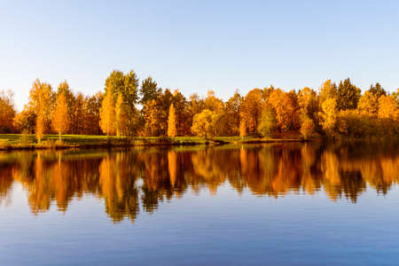 Colorful foliage reflections in lake water on a sunny autumn dayの写真素材
