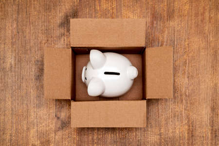 Ceramic piggy bank in open box made from corrugated cardboardの写真素材