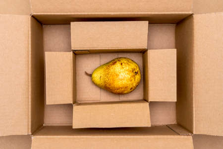 Pear on the bottom of cardboard box. One pear in a box. Food economy.の写真素材