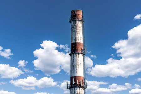 Large red white factory chimney against a cloudy summer skyの写真素材