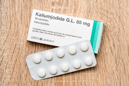 Kupiskis, Lithuania - March 2022:Kaliumjodid tablets for use in case of nuclear accident or attack, if radioactive iodine would be released into the air.のeditorial素材