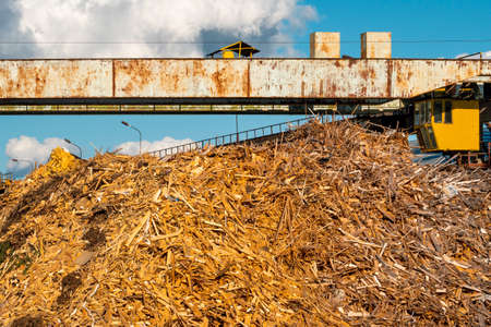 Special equipment machine with crane crush wood. Natural biofuel biomass production plant.の写真素材