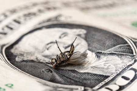 Financial crisis - dry dead housefly on the one dollar bill, close-up view.