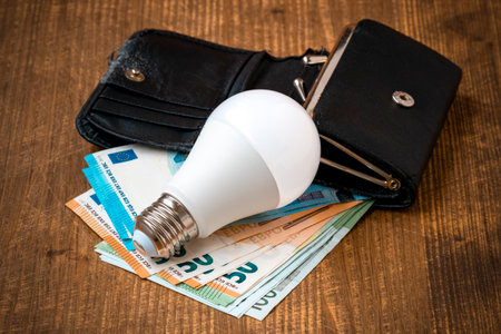 Wallet with a Euro currency and LED light bulb on the table. Concept of the price of light. Spending more money for electricity.の写真素材