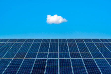 Solar panel on sky background. Photovoltaic power supply systems. Solar power plant. The source of ecological renewable energy.の写真素材